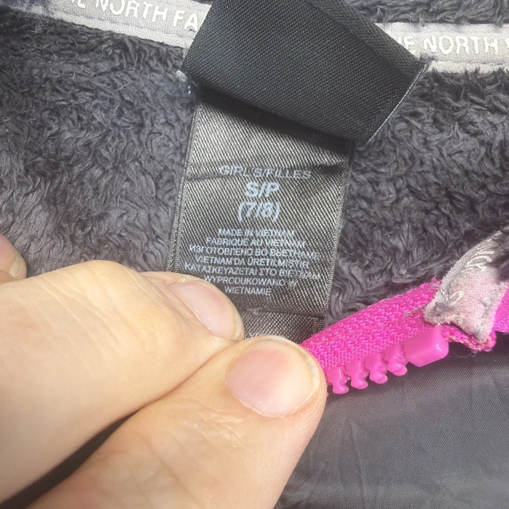 The North Face Girls Fleece Hooded Jacket Size 7/8 Gray Pink Full Zip Osito